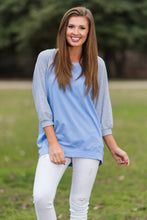 Load image into Gallery viewer, Slouchy Dolman Heather Gray/Periwinkle Raglan Tunic