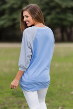 Load image into Gallery viewer, Slouchy Dolman Heather Gray/Periwinkle Raglan Tunic