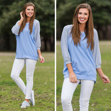 Load image into Gallery viewer, Slouchy Dolman Heather Gray/Periwinkle Raglan Tunic