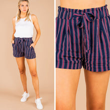 Load image into Gallery viewer, Love This Land Navy Blue and Red Striped Paper Bag Shorts