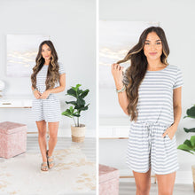 Load image into Gallery viewer, Take All The Time Light Gray Striped Romper