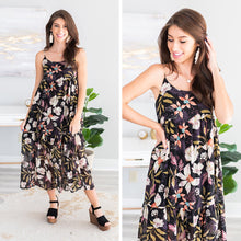 Load image into Gallery viewer, Looking For Fun Black Floral Midi Dress