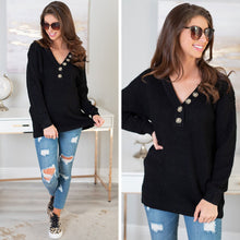 Load image into Gallery viewer, Just Be Happy Black Waffle Sweater