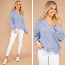 Load image into Gallery viewer, Feeling Brand New Faded Denim Blue Distressed Sweater