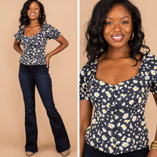 Load image into Gallery viewer, Feminine Wiles Navy Blue Floral Top