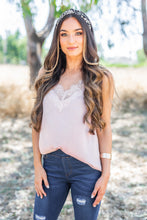 Load image into Gallery viewer, Beauty And Brains Blush Pink Lace Trim Tank
