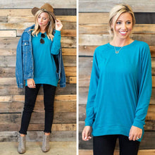 Load image into Gallery viewer, Slouchy Dolman Teal Blue Long Sleeve Tunic
