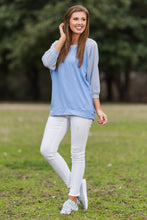 Load image into Gallery viewer, Slouchy Dolman Heather Gray/Periwinkle Raglan Tunic
