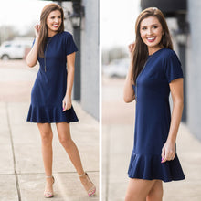 Load image into Gallery viewer, Back For More Navy Blue Ruffle Hem Dress
