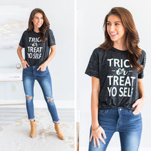 Load image into Gallery viewer, Trick Or Treat Yo Self Black Marble Graphic Tee
