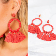 Load image into Gallery viewer, Mud Pie: Raffia Coral Red Tassel Earrings
