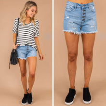 Load image into Gallery viewer, All The Joy Light Wash Distressed Denim Shorts
