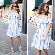 Load image into Gallery viewer, Seek You Out Taupe Brown and Powder Blue Striped Dress
