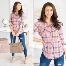 Load image into Gallery viewer, Save The Day Coral Plaid Button Down Top
