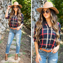 Load image into Gallery viewer, Just Me And You Navy Blue Plaid Button Down Top
