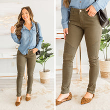 Load image into Gallery viewer, Living For The Day Olive Moto Zip Jeans
