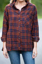 Load image into Gallery viewer, Climbing To The Top Cognac Plaid Button Down Top
