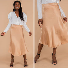 Load image into Gallery viewer, Let's Celebrate Champagne Satin Midi Skirt

