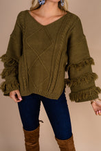 Load image into Gallery viewer, All For The Drama Olive Green Fringe Sweater
