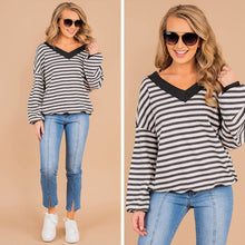 Load image into Gallery viewer, Give Me Love Charcoal Gray Striped Waffle Sweater
