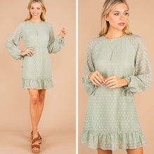 Load image into Gallery viewer, Hold You Dear Sage Green Swiss Dot Dress
