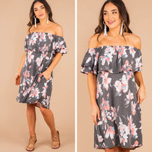 Load image into Gallery viewer, What A Lovely Life Charcoal Gray Off Shoulder Dress
