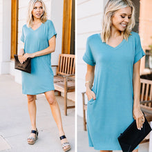 Load image into Gallery viewer, Catch My Drift Dusty Teal Blue T-shirt Dress
