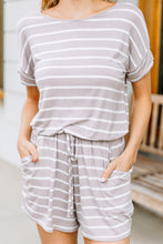 Load image into Gallery viewer, Keep It Moving Ash Mocha Brown Striped Romper
