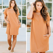Load image into Gallery viewer, Play The Role Camel Brown Ribbed T-shirt Dress
