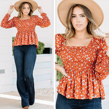 Load image into Gallery viewer, Big Moves Rust Orange Ditsy Floral Top
