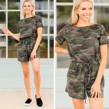 Load image into Gallery viewer, See What Happens Olive Green Camo Romper
