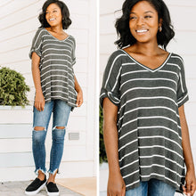 Load image into Gallery viewer, In Your Sights Charcoal Gray Striped Top
