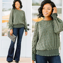 Load image into Gallery viewer, Love Is In The Air Olive Green Swiss Dot Top
