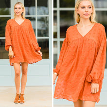 Load image into Gallery viewer, Everywhere I Go Rust Orange Swiss Dot Dress
