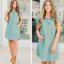 Load image into Gallery viewer, Just My Type Lagoon Green Chambray Dress
