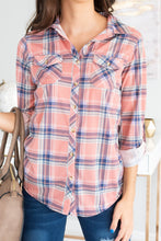 Load image into Gallery viewer, Save The Day Coral Plaid Button Down Top

